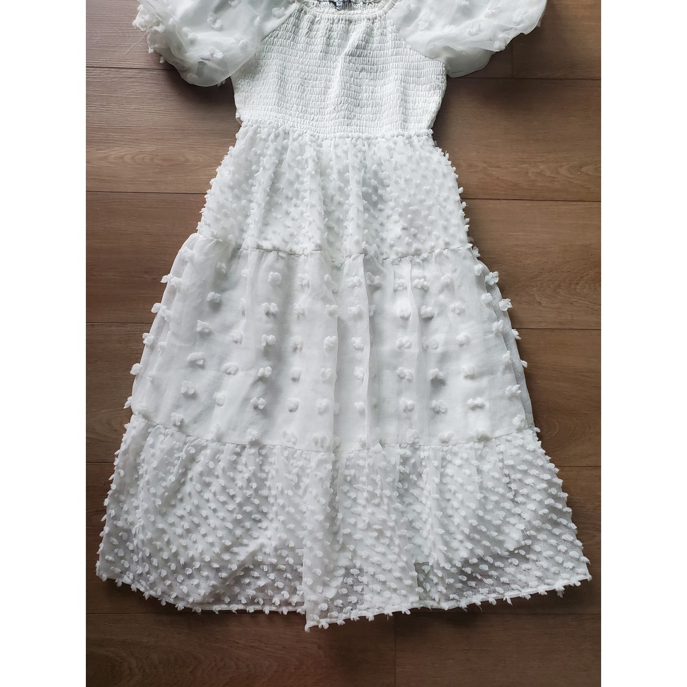 Polagram White Dot Smocked w/ Puff Sleeve Midi Dress Womens Medium NWT - Picture 16 of 16